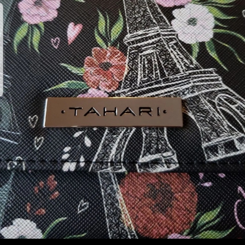 Tahari Trifold RFID Black Multicolor Wallet Floral Paris Scene NWT - Picture 4 of 11